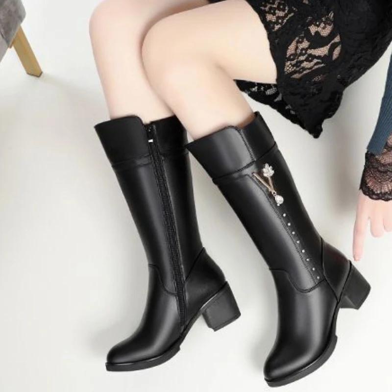 Women's Mid-calf Boots Luxury Rhinestone High Heeled Boots Quality High Heeled Leather Boot Winter Warm Women Boots Botas Mujer