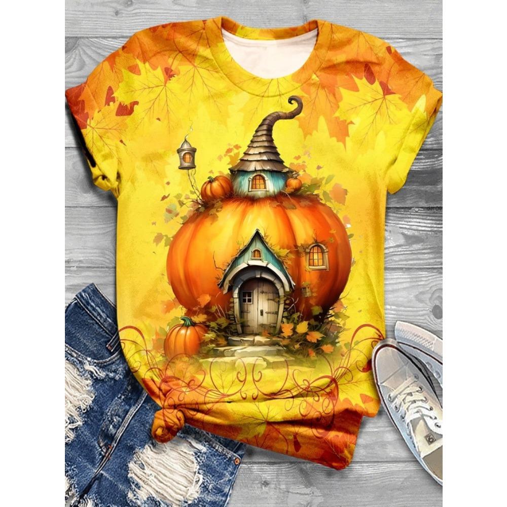 Fashion Women Retro Creative Pumpkin Head Print T Shirt Funny Casual O-neck Short Sleeves T-shirt Summer Female Tee Shirt Halloween Limited Edition