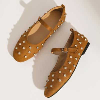 Scarpe Mary Jane da Donna Borchie Pelle Scamosciata Classiche Retrò Marrone Casual Fondo Morbido Comode Ballerine da Donna Ballerine Rifinite con Strass