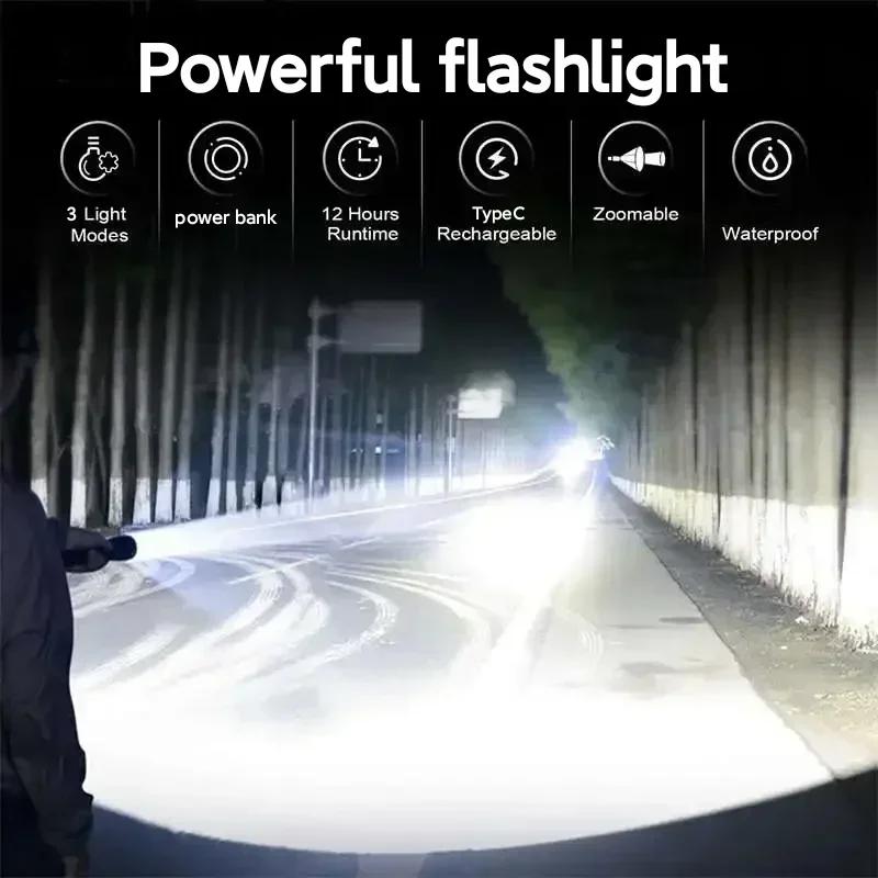 100000LM Powerful Led Flashlight Portable Type-C Rechargeable Tactical Torch Outdoor Waterproof Zoom Lantern for Camping Hiking