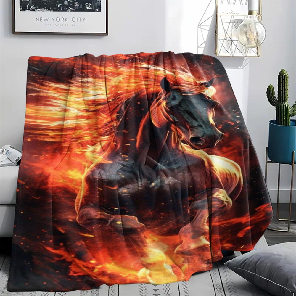 1Pc Black Horse Print Flannel Blanket, High Quality Comfortable for All Seasons, Home Decor, Warmth and Comfort, Perfect for Gifts