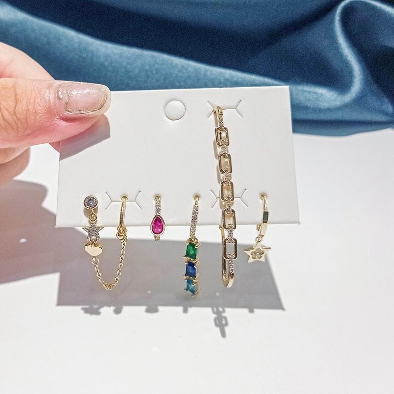 ANENJERY Colored Zircon Pendant Star Hoop Earrings For Women Heart Chain Clip 6-piece Earring Set