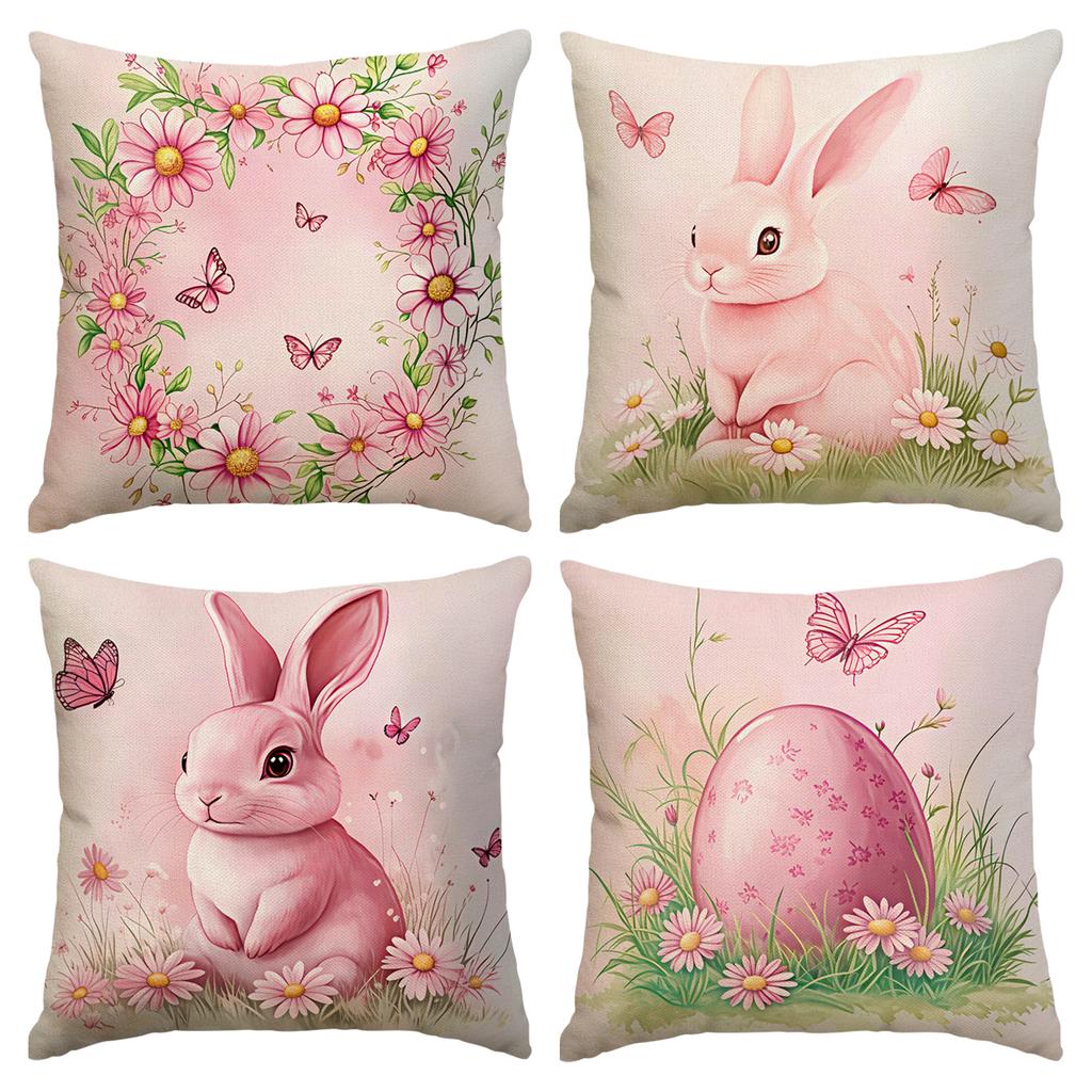 4Pcs Spring Easter Pillowcase, Cute Rabbit, Easter Egg Plant Flower Print Pillowcase, Easter Party Decoration Sofa Cushion Cover