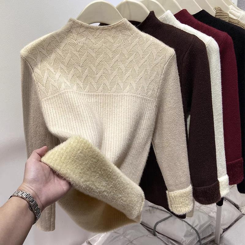 Dámský svetr s vysokým límcem Teplé sametové základní tričko Volný top Pletený svetr