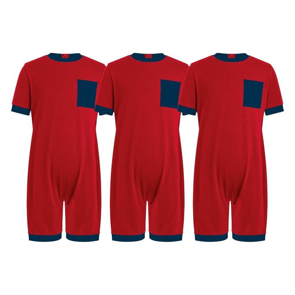3Pcs Adaptive Anti-Strip Jumpsuit for Kids Back Invisible Zipper Round Neck Short Sleeve Contrast Color Thigh Length with Pocket