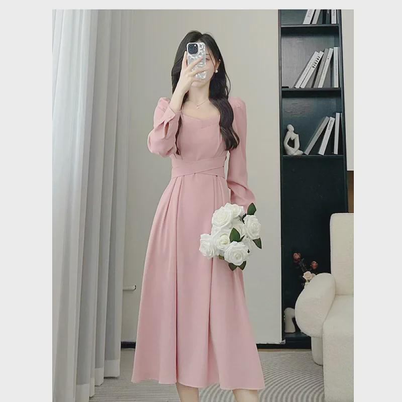 Rochie de toamnă de lux pentru femei, cu guler pătrat și mânecă lungă, în linie A, talie subțire, lungime medie, 2024