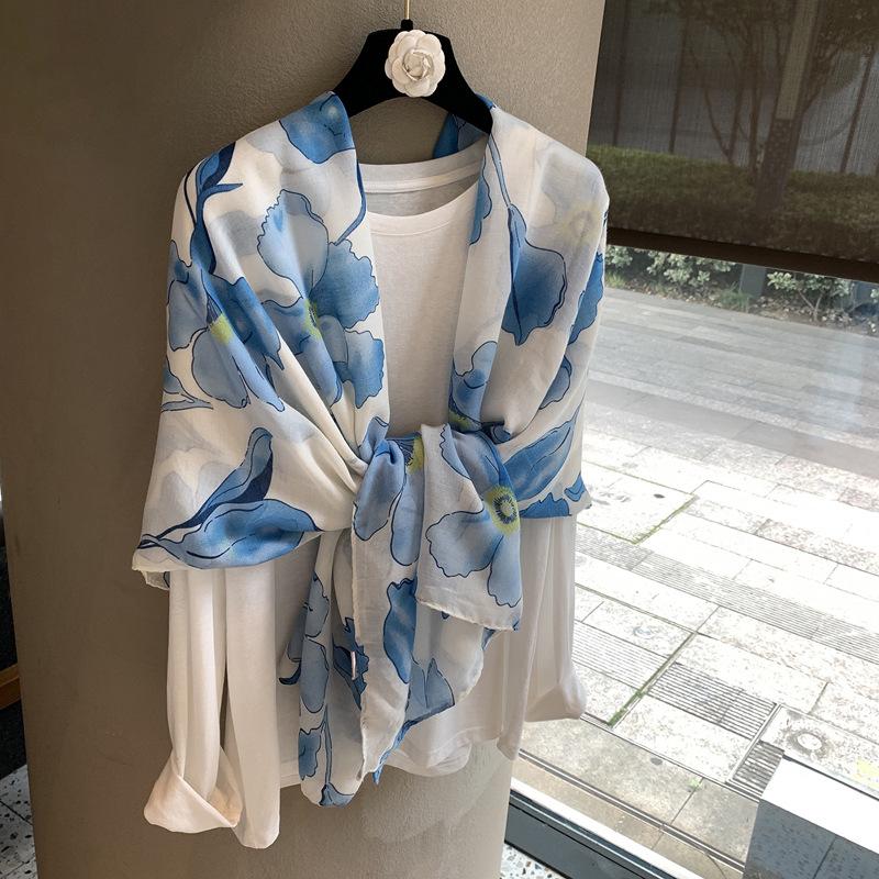 Spring And Summer Thin Silk Scarves, High-End Begonia Flower Printing Long Scarves, Satin Travel Sunscreen Scarves, Ethnic Shawls