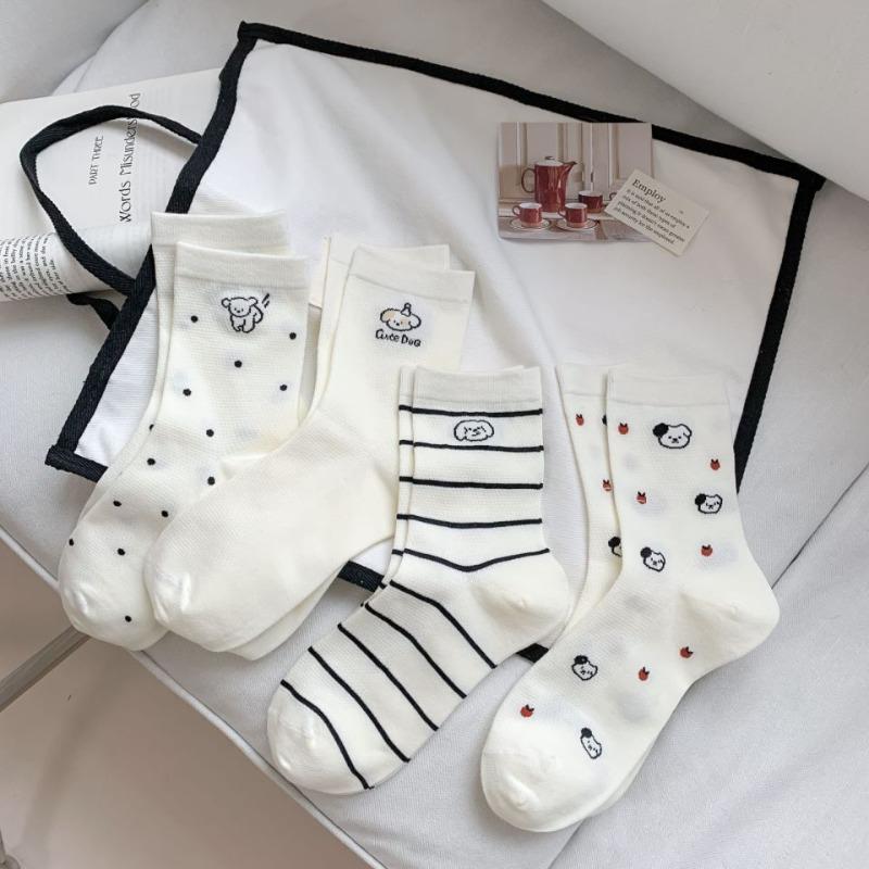Female Spring and Autumn New Cute Dog Cartoon Student White Tube Cotton Socks