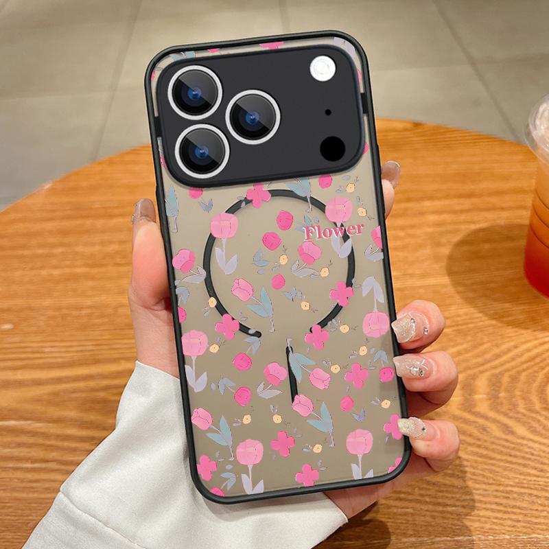 Translucent Matte Magnetic Case For iPhone 17 16 15 Pro 14 13 Pro Max 16e 17e For Magsafe Pink Flower Print Hard PC Back Cover