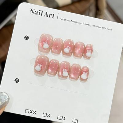 10pcs 3D Rabbit Polka Dot Cat Eye Blush Gradient Press On Nails Short Square Handmade False Nails For Women