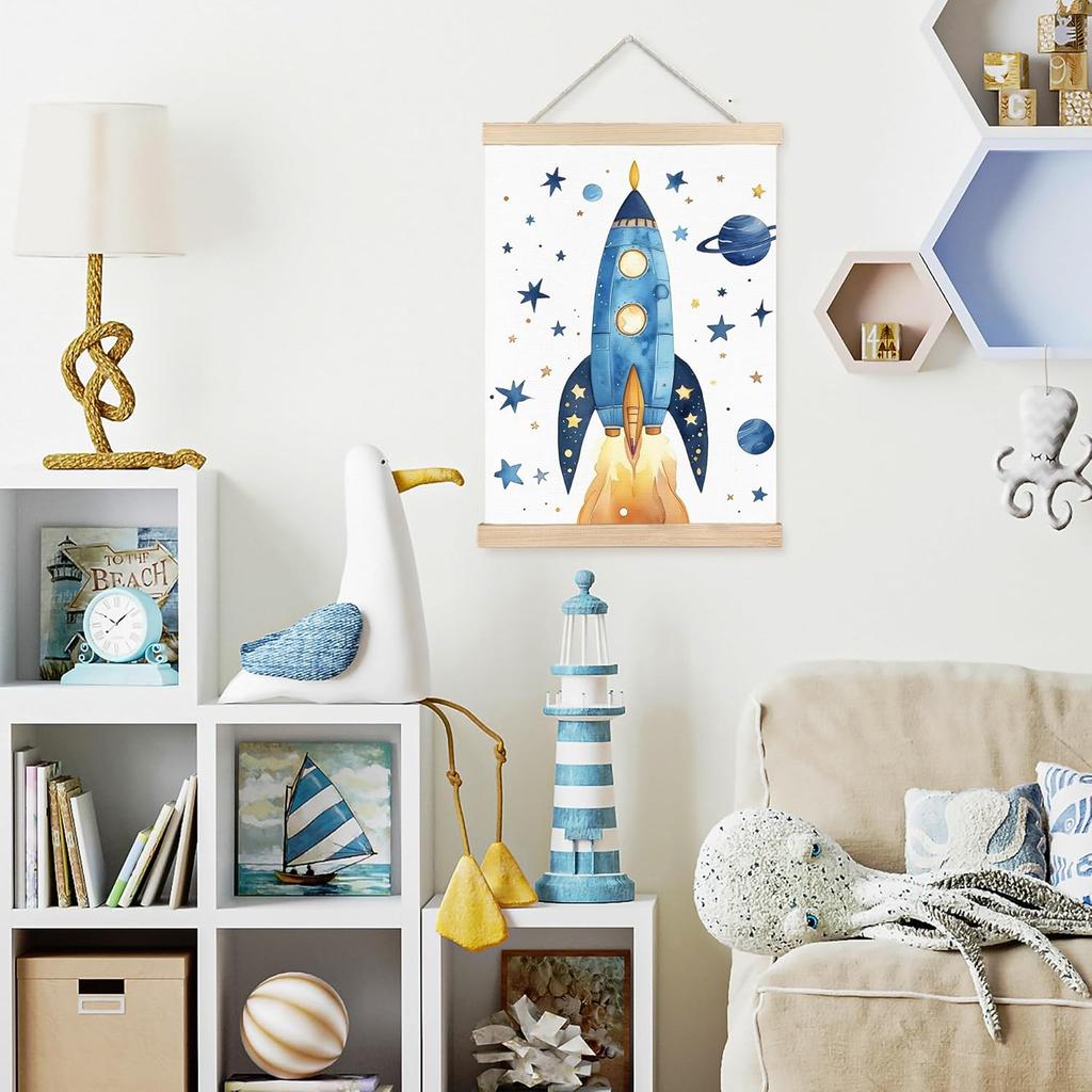 FDHSPAAM Space Rocket Kids Wall Art Decor, Space Nursery Decor, Fantasy Blue Spaceship Planet Star Wall Art Posters for Nursery Home Kids Boys