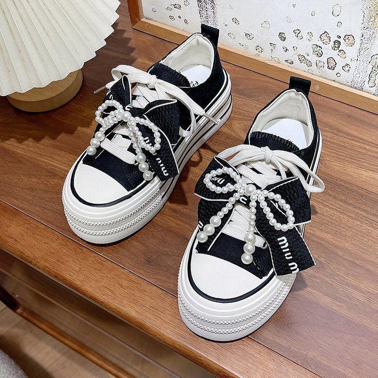 ins student versatile comfortable round head board shoes bow beaded platform canvas shoes white shoes 2025 new