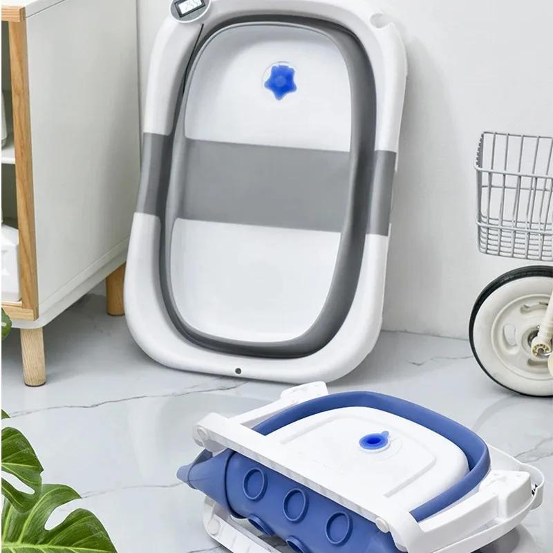 Real Time Temperature of Baby Bath Tub, Silicone Anti Slip Foot Bath Bucket, Foldable Bathroom with Temperature Sensor