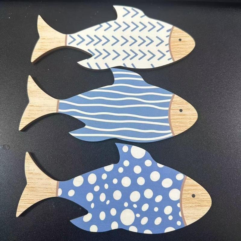 3Pieces Handcrafted Wooden Fish School Wall Hanging Sculpture Ornaments For Coastal Nursery Decors Beach Theme Design