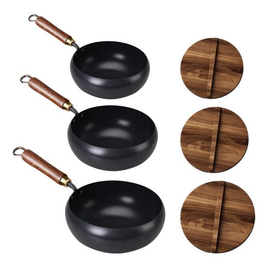 Forged Iron Wok with Wooden Lid Nonstick Skillet Pot Even Heating Fry Pan for Gas Stove Induction Cooker Ergonomic Handle Cooking Pot