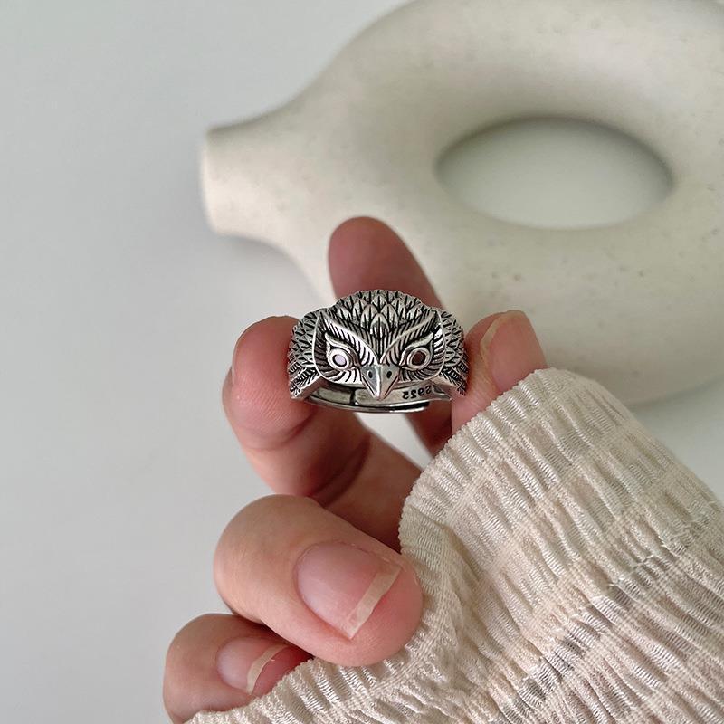 Buyee 925 Sterling Silver Big Ring Finger Cute Owl Open Ring for Women Man Fashion Animal Rock Punk Fine Jewelry Circle