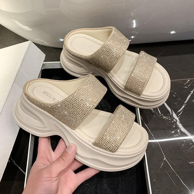 Rhinestone Platform Sandals Women's 2025 Spring New High-end Temperament with Skirt Cool Slippers Seaside Beach Slippers