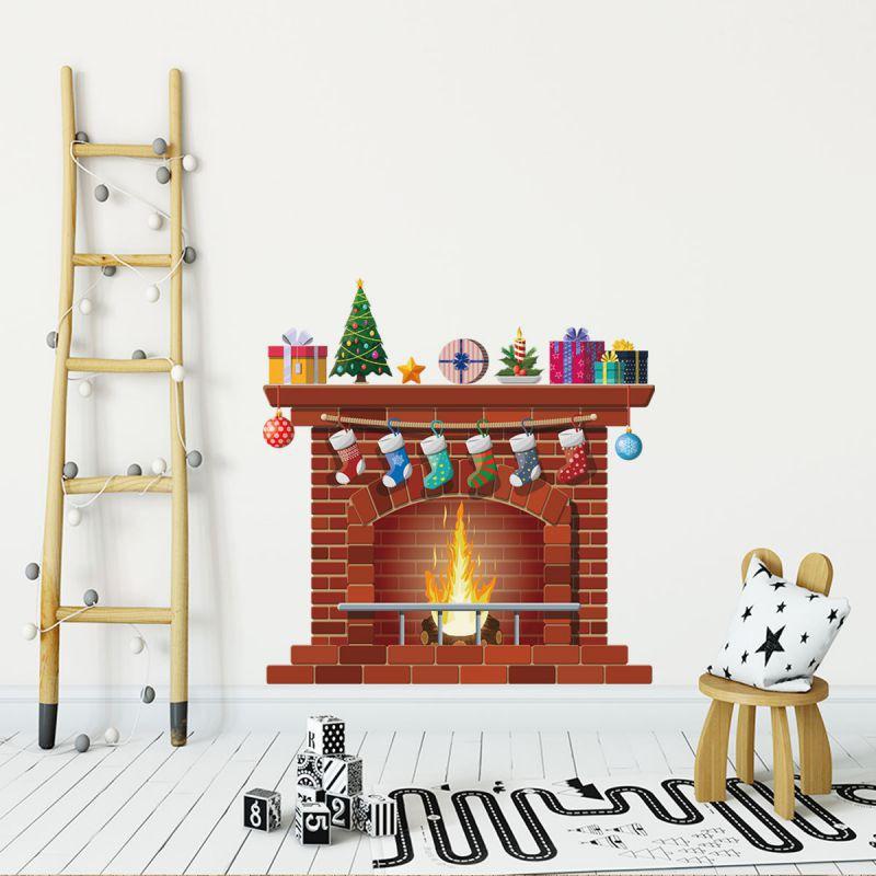DIY Christmas Fireplace Wall Decor Sticker Fake Fireplace With Fire Sticker for Room Kitchen Merry Christmas Decorations 50x70cm
