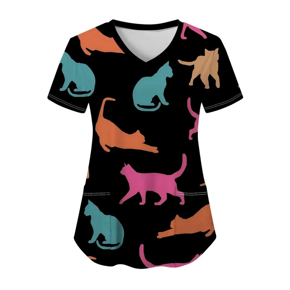 Uniformi Chirurgiche Carine Cartone Animato Gatto Donna Moda Estiva Scollo a V Medico Micro-Elastiche Manica Corta Tasche Applicate Abbigliamento Medico
