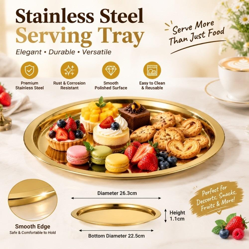 Thickened Round Plate Shallow Tray Stainless Steel Breakfast Serving Tray Restaurant