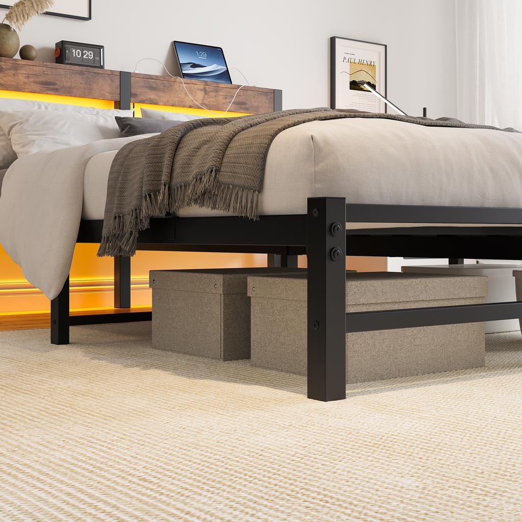 140x190 Bed Frame with LED Lighting and USB Charging Station, Metal Bed Frame Without Mattress, with Storage Under the Bed