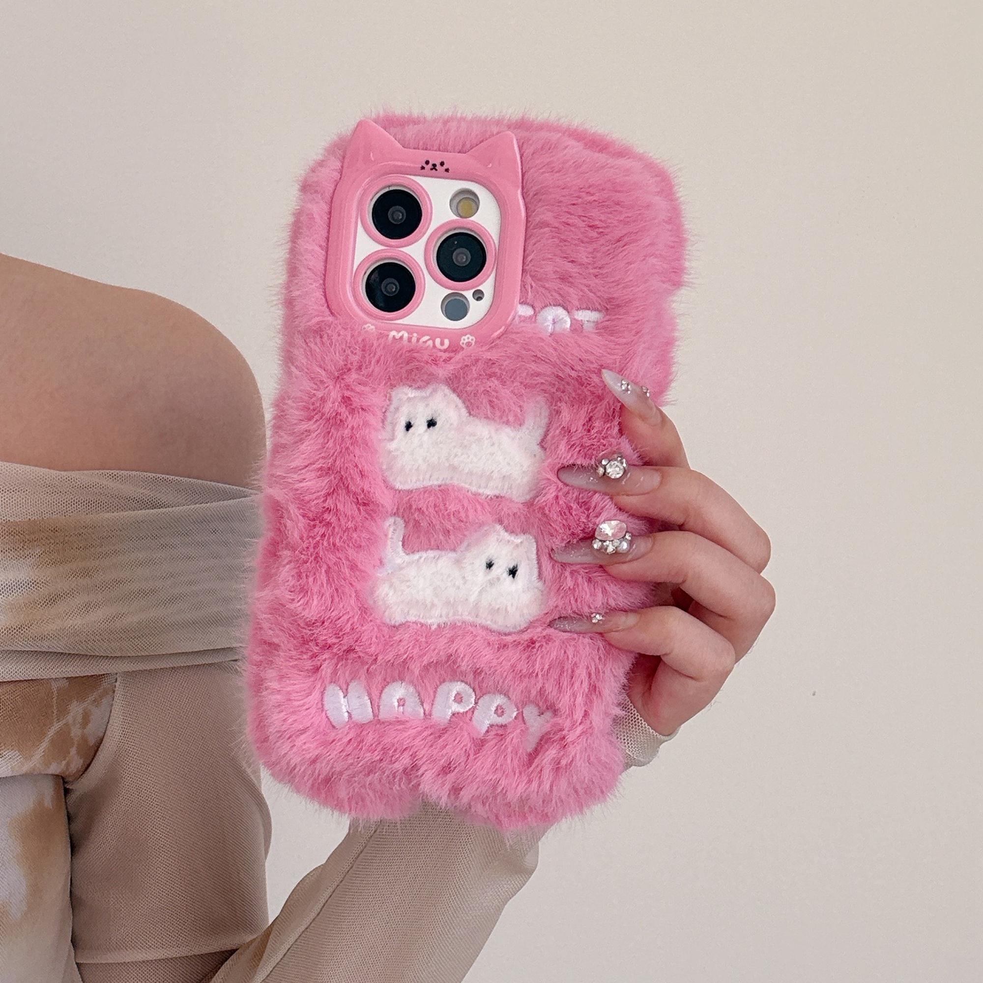 

For iPhone 16 Pro Case Embroidered White Cats Fuzzy Winter TPU Phone Cover Pink