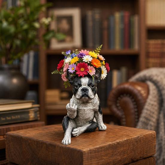 Funny Bulldog Planter Pot, Cute Middle Finger Dog Planter, Small Resin Animal Flower Pot with Drainage Hole for Home Garden Office Desk Decor