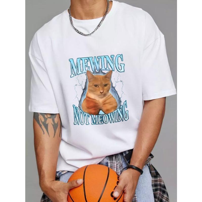 T-shirt à col rond blanc Imprimé graphique chat miaulant pas miaouant Vêtement décontracté pour hommes et femmes Tenue de tous les jours Mode streetwear
