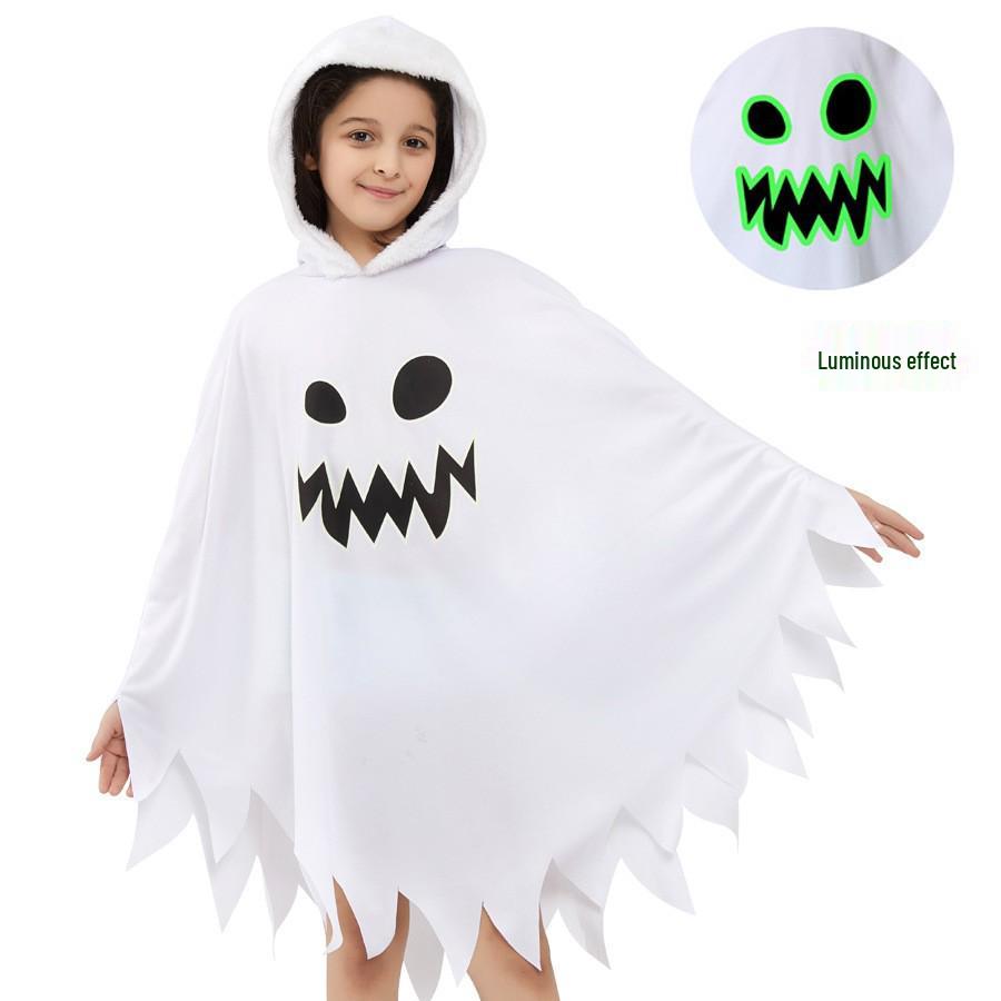 Children s White Luminous Ghost Skull Halloween Costume Cape Small