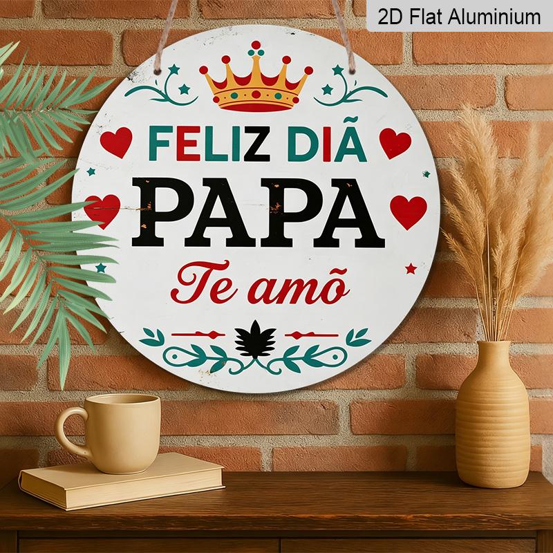 2D Flat, 1pc Round Aluminum Hanging Sign - "Feliz Dia Papa Te Amo" Spanish Father's Day Metal Wall Art, Vintage Crown & Heart Design, Perfect for