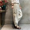 Damen Baumwollleinenhose Retro Elastischer Bund Bestickte Blumenstickerei Loungewear