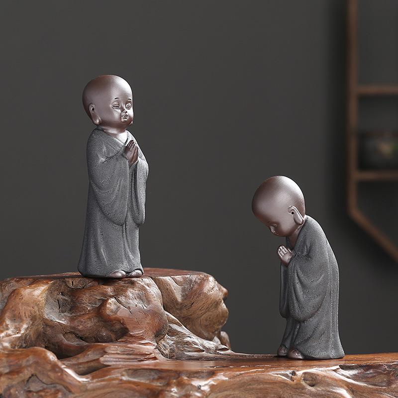 Creative Ceramic Blessing Little Monk Ornament Purple Sand Kung Fu Character Model Home Living Room Bedroom Tea Set Figurines