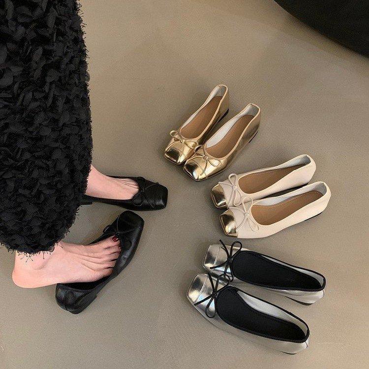 Flat-bottomed French Square-headed Fairy Single Shoe Woman 2025 Autumn New Bow Splicing Versatile Soft-soled Beanie Shoe Woman