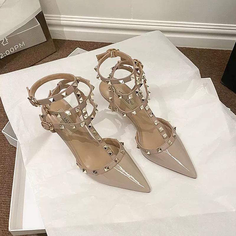 Naked patent leather rivets pointed high heels new three-ring one-word buckle with willow stiletto bag head sandals summer