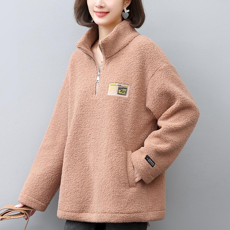 

Women s Lambswool Sweatshirt: Autumn/Winter 2024 Fleece-Lined, Plus Size, Loose Pullover with Thickened Particle Fleece. XXXL