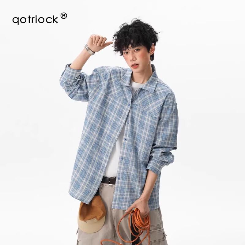 

QOTRIOCK Blue Plaid Cuban Collar Unisex Long Sleeve Shirt