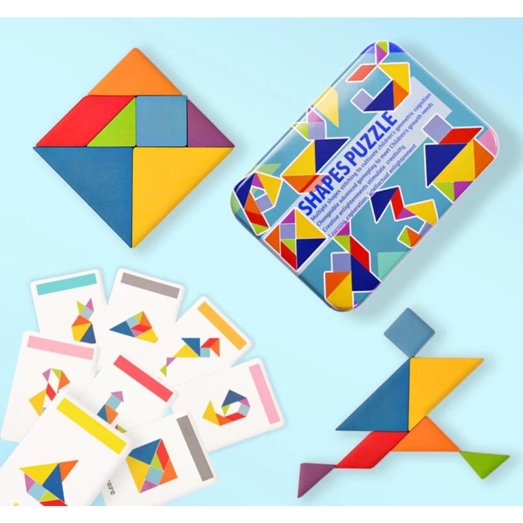Children's Wooden Colorful Tangram Iron Box Storage Jigsaw Puzzle Puzzle Early Education Intelligence Number Letter Wooden Toys
