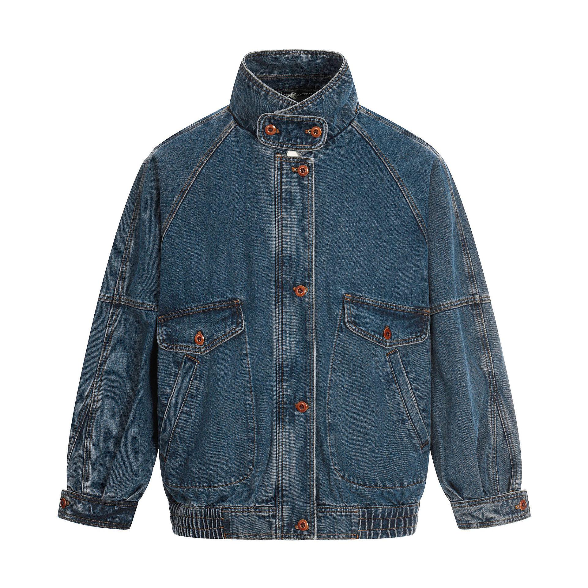 Unisex American Retro Denim Jacket - Washed Texture, Turn-Down Collar, Oversized Fit, Large Pockets Extra Large