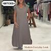 Women's Fashion Summer Spring Solid Color Print V-Neck Sleeveless Casual Dresses