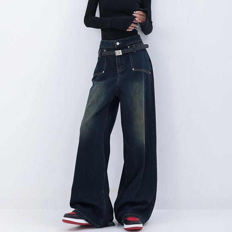 Wiosna 2000. Vintage workowate dżinsy damskie 90. estetyczne Y2k spodnie dżinsowe z wysokim stanem kobiece Harajuku Retro Fashion Design spodnie z szerokimi nogawkami