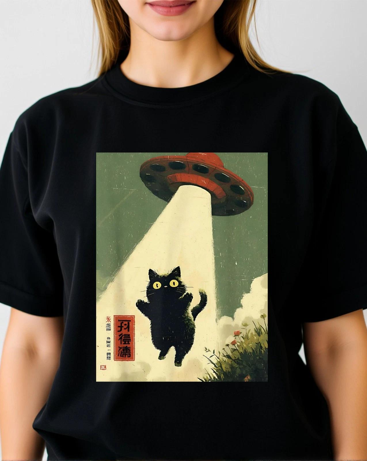 Spaceship Cat T-shirt Funny Japaese Cat UFO Alien Galaxy Top Men s Unisex Tee 2XL