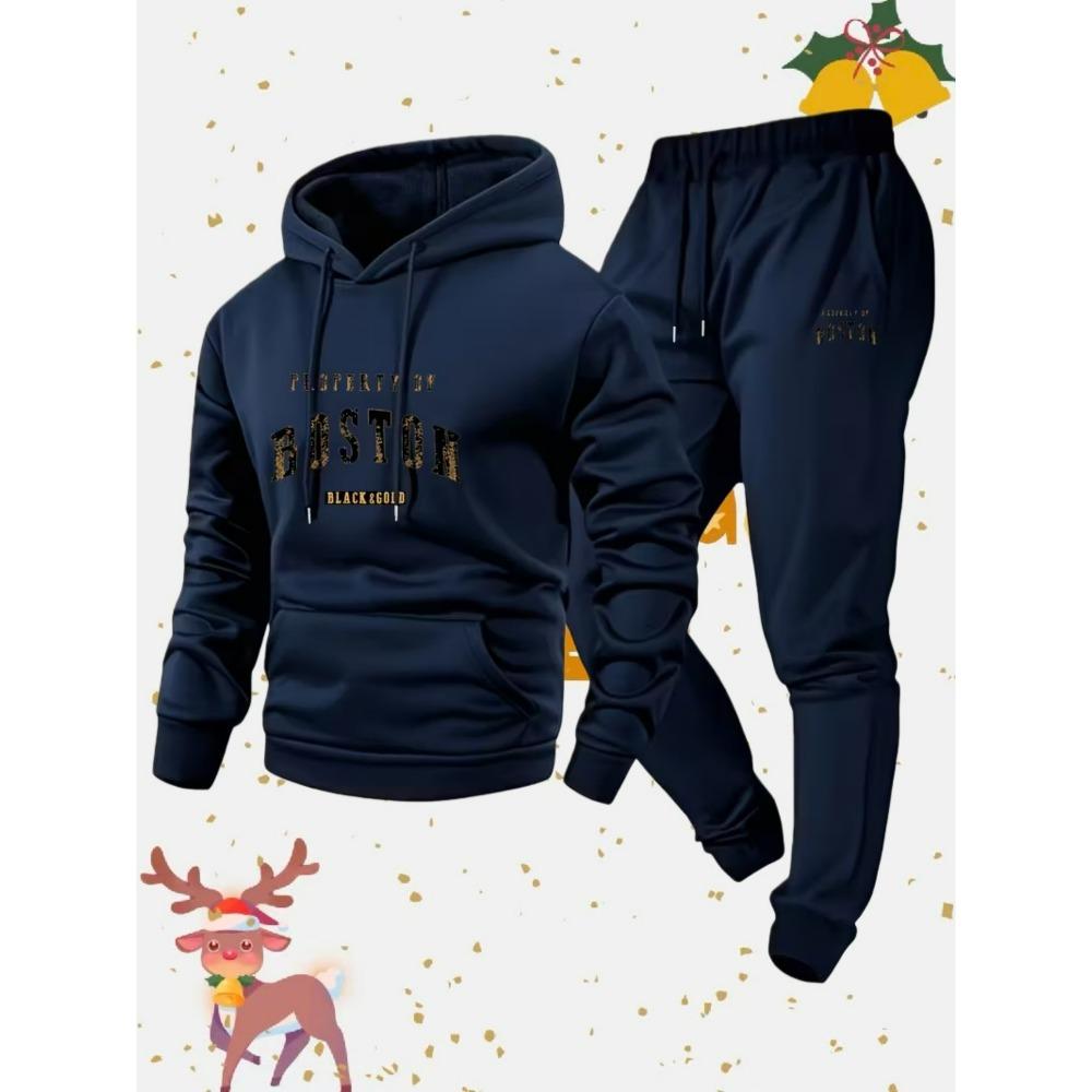Spring and Autumn Warm Men's Hoodie Set Sports and Leisure Two Piece Set Boston Printed Hoodie and Casual Pants Combination