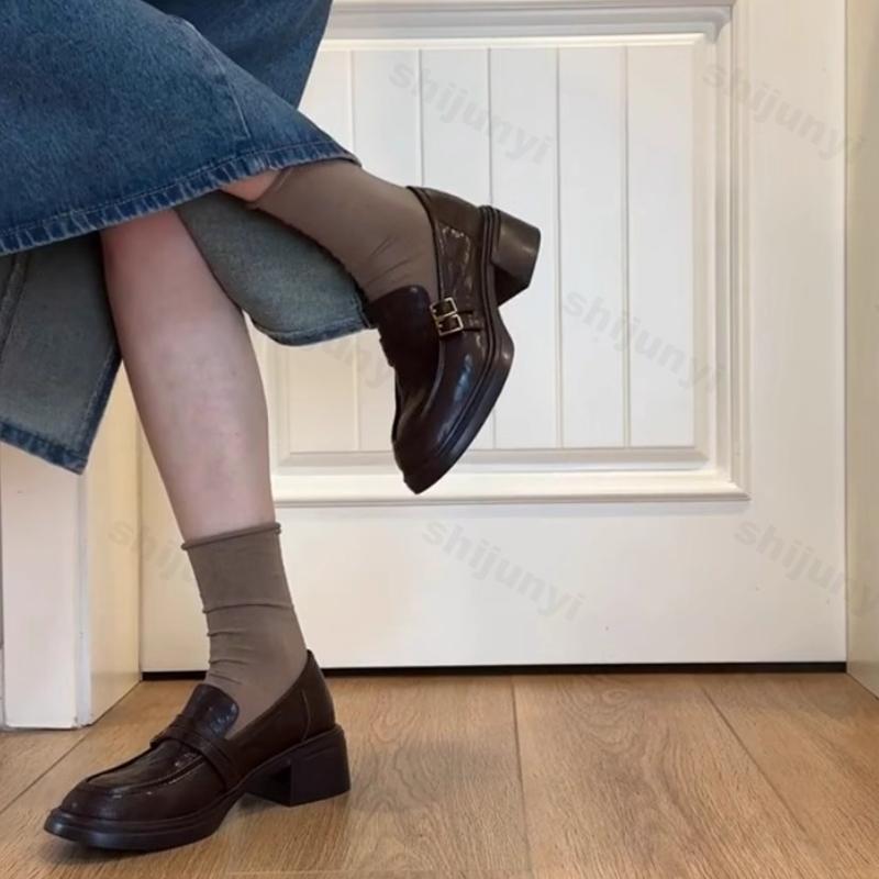 Women Platform Loafers Spring Autumn Slip on Vintage Chunky Leather Shoes Fashion Buckle Strap Height Increase Middle Heel Shoes