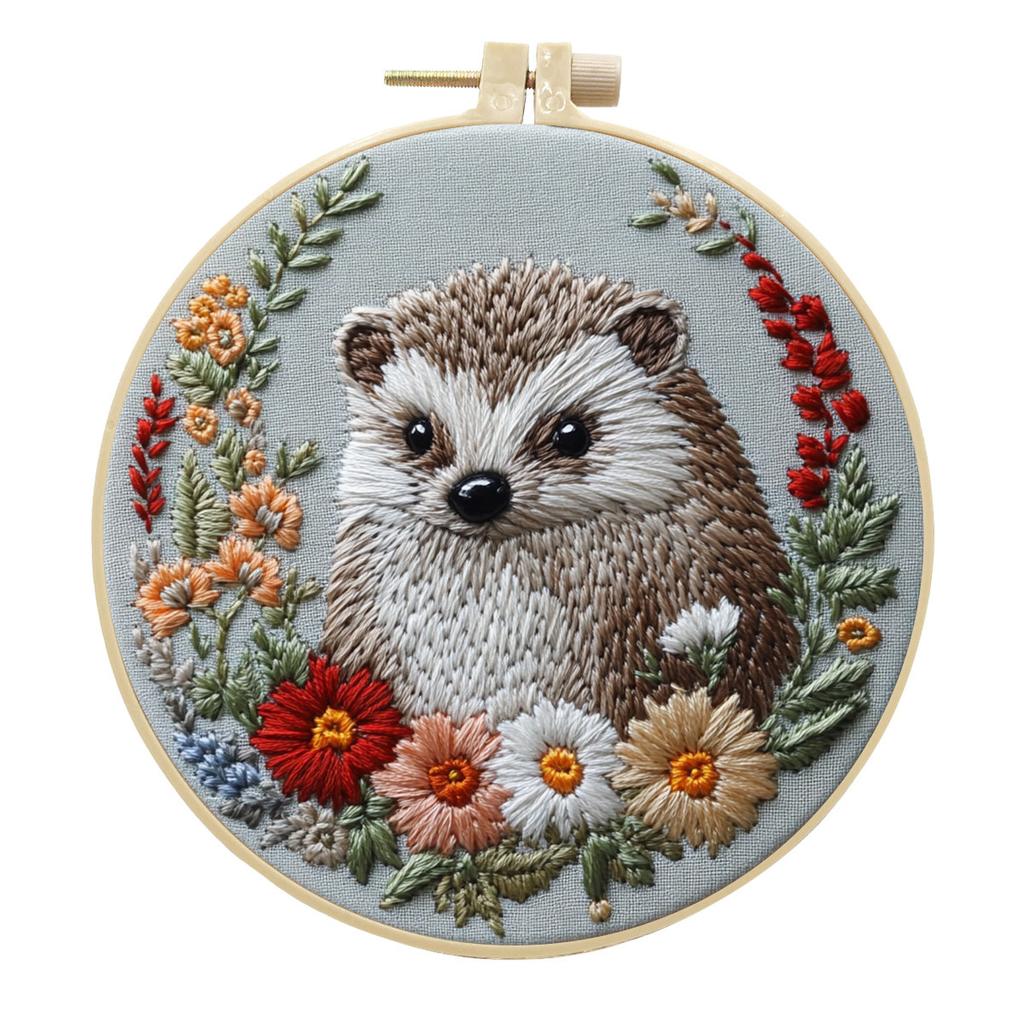 1pc Hedgehog and Flower Pattern Embroidery DIY Fabric Craft Kit with Tools