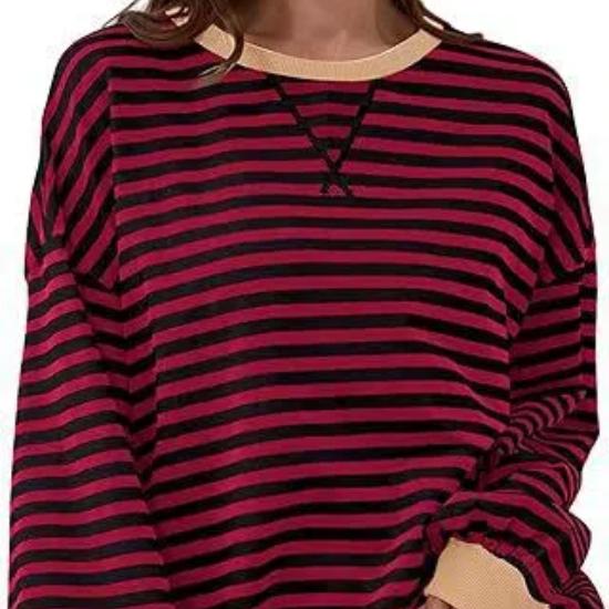 Women's Simple Home Casual Striped Pattern Round Neck Trendy Long-sleeved Pullover Color Block T-shirt