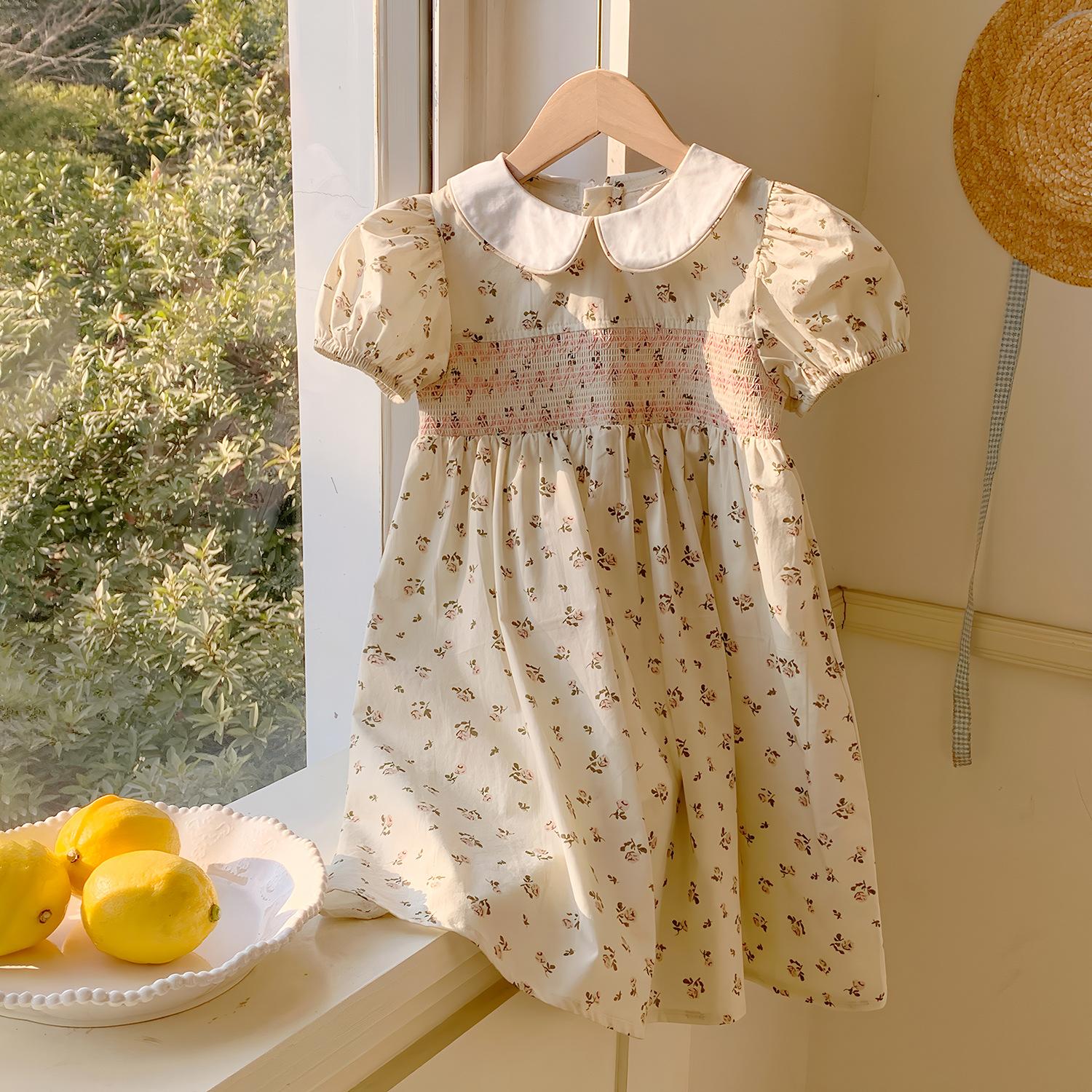 Girls Summer Sweet Doll Collar Dress Smocked Puff Sleeve Short Sleeve Children Skirt 90cm