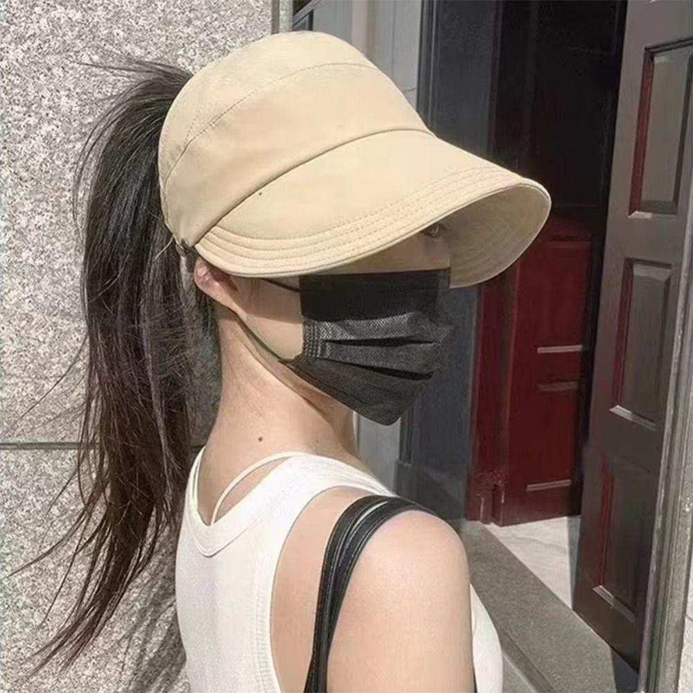 Korea Summer Ponytail Caps Wide Brim Beach Visor Caps Breathable Women Sun Hats  For Ladies