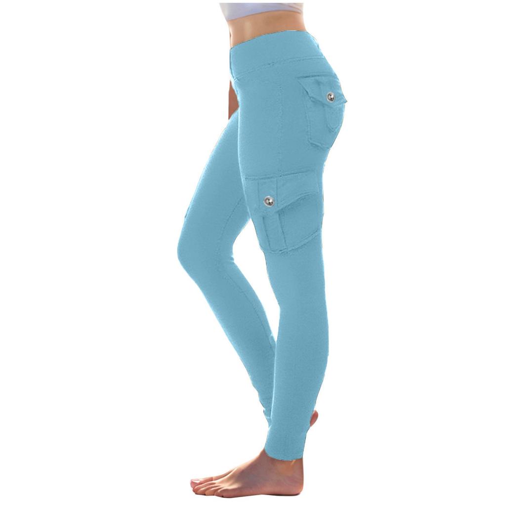 Damen Stretch-Bund Knopf Mehrere Taschen Kordelzug Yoga-Hose Leggings Sport Dünn Geschnittene Hose