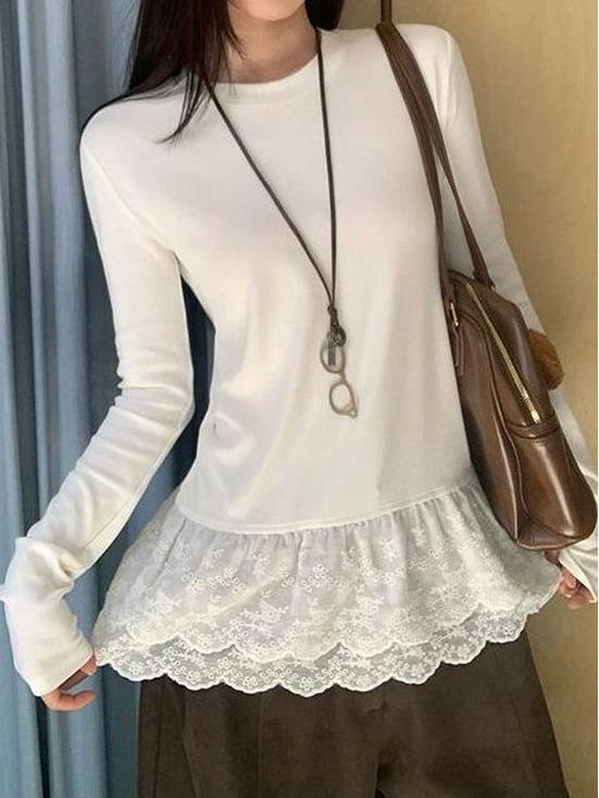 Korean Lace Patchwork Floral Plush Long Sleeve Women's T-shirt, Slim-Fit Versatile Base Layer for Autumn/Winter