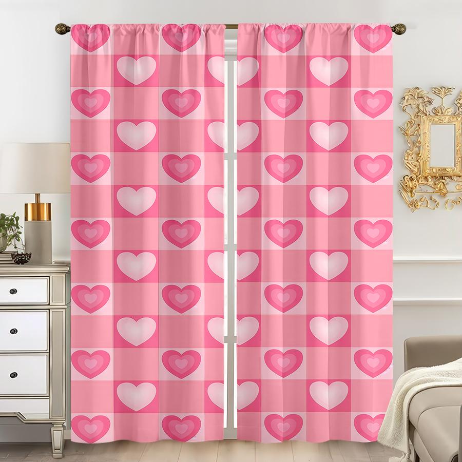 2 Stück rosafarben karierte herzförmige Vorhänge   süßer Retro-Stil   Wohnzimmer und Schlafzimmer   Dekorativ mit Stangentaschen